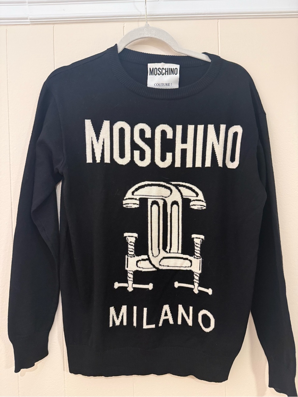 Y2K Moschino Black Crewneck Sweater with White Logo